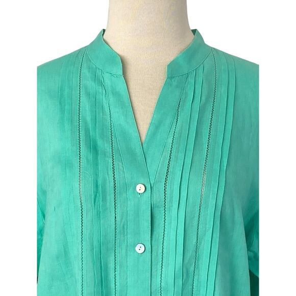 J. Jill Linen Tunic Top Womens Size M Turquoise Abalone Shell Button Up L/S - Picture 1 of 8